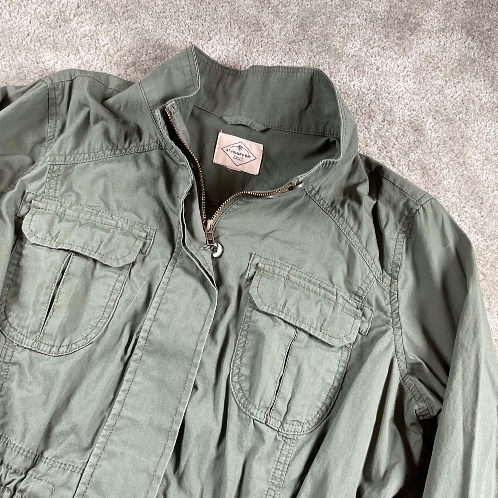 St‎ John's Bay Olive Green Utility Jacket Military Safari Style Drawstring Waist